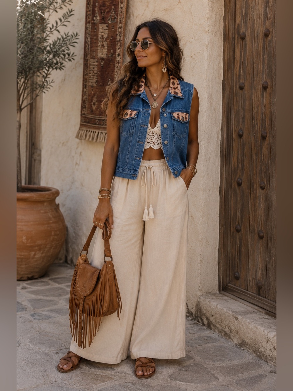 Denim Leopard-Trim Sleeveless Vest - Blue